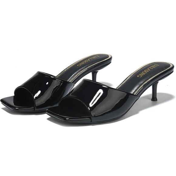 Lullasong Womens 8.5 Black Patent Leather Slide On Open Toe 2.5" Kitten Heels - Picture 2 of 7